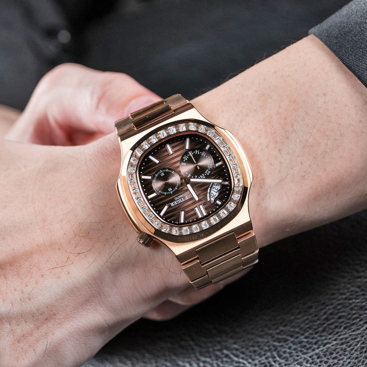 Reef Tiger Men's Peak 44mm Square Crystal Bezel Automatic Watch RGA2019 Rose Gold/Brown image 11