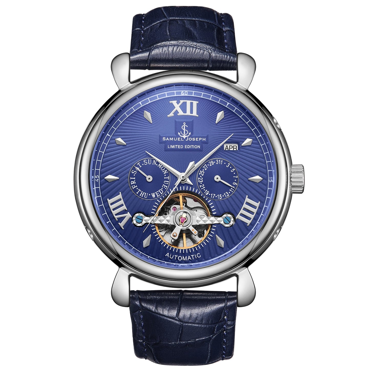 SAMUEL JOSEPH London Limited Edition Blue & Silver Automatic Skeleton Men's Watch