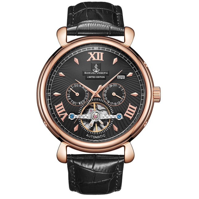 SAMUEL JOSEPH London Limited Edition Black & Gold Automatic Skeleton Men's Watch