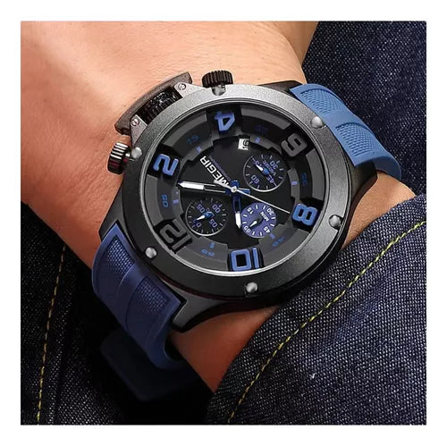 MEGIR Men's Submarine II Chronograph Date 47mm Silicone Strap Watch Blue