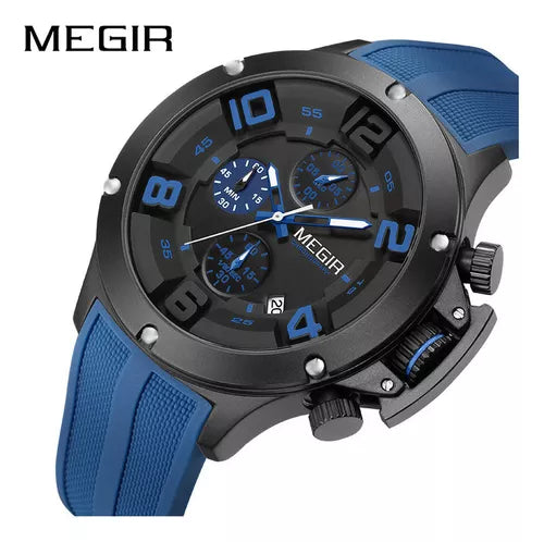 MEGIR Men's Submarine II Chronograph Date 47mm Silicone Strap Watch Blue