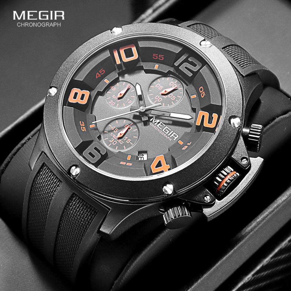 MEGIR Men's Submarine II Chronograph Date 47mm Silicone Strap Watch Black/Orange