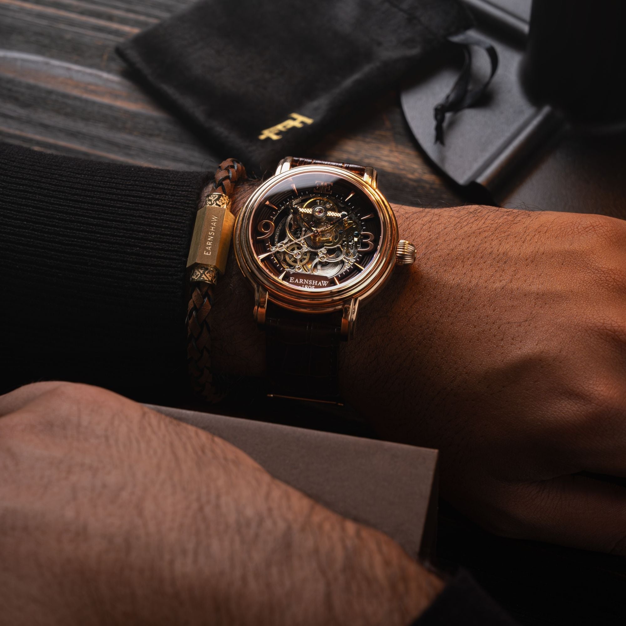 THOMAS EARNSHAW LONGCASE LEATHER BRACELET GOLDEN OAK ES-002-B2