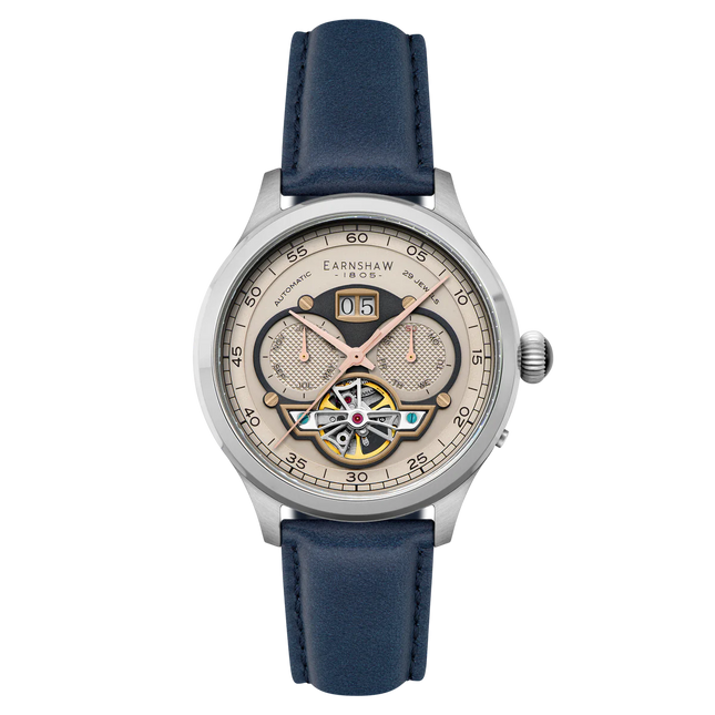THOMAS EARNSHAW BARON GRAND DATE CALENDAR OPEN HEART AUTOMATIC Camel Blue