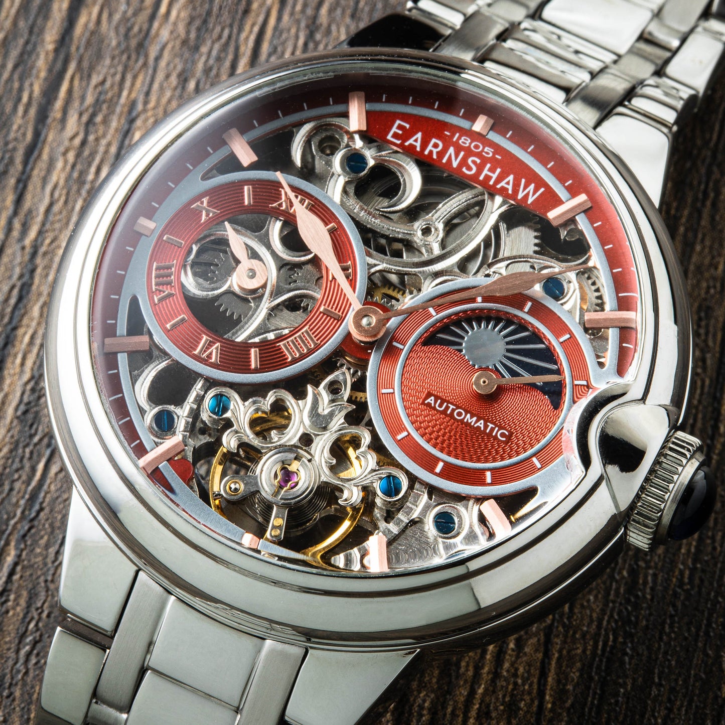 THOMAS EARNSHAW BARALLIER DUAL TIME SUN MOON OPEN HEART AUTOMATIC Sunburst Red