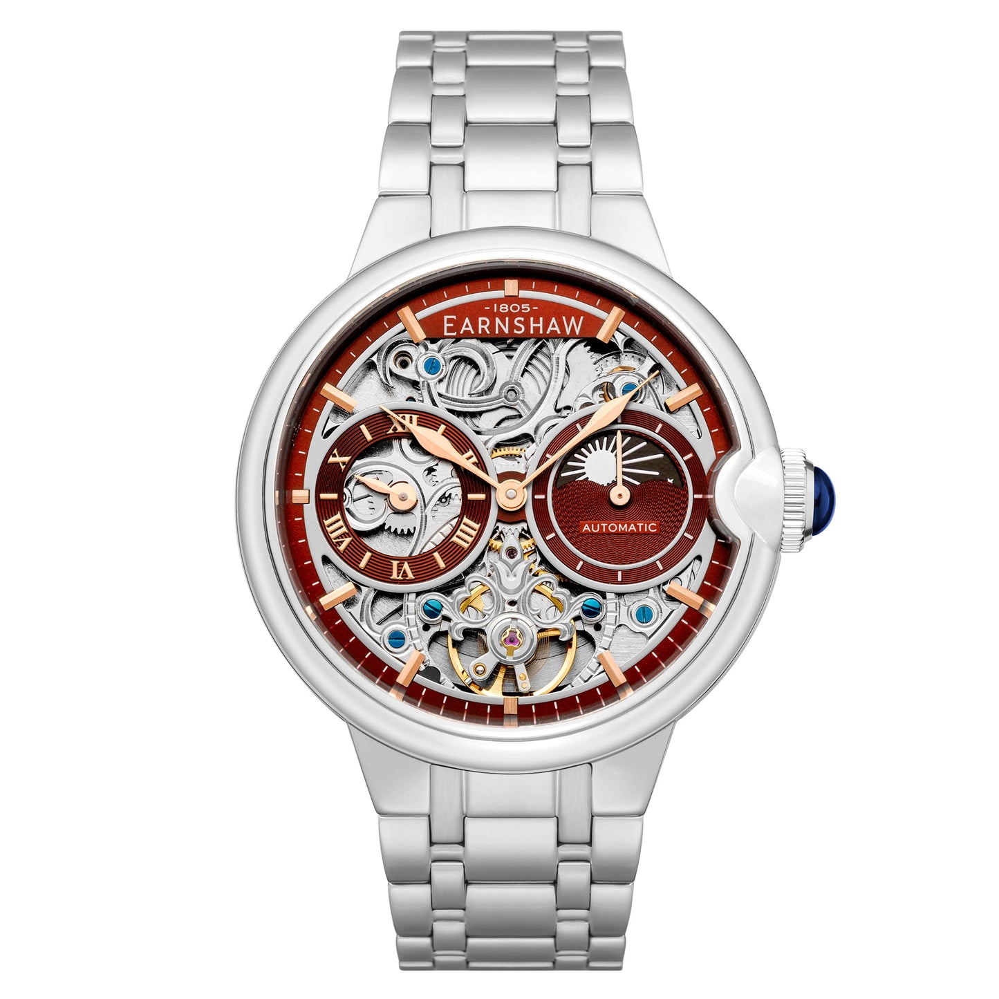 THOMAS EARNSHAW BARALLIER DUAL TIME SUN MOON OPEN HEART AUTOMATIC Sunburst Red