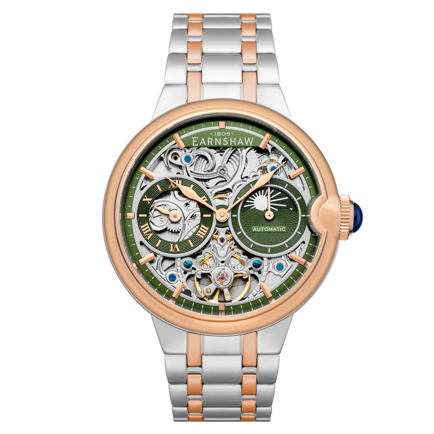 THOMAS EARNSHAW BARALLIER DUAL TIME SUN MOON OPEN HEART AUTOMATIC Two Tone Mint Green