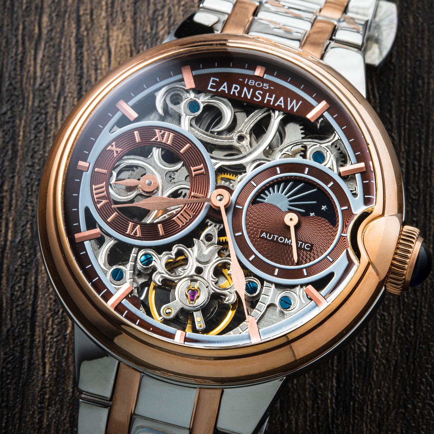 THOMAS EARNSHAW BARALLIER DUAL TIME SUN MOON OPEN HEART AUTOMATIC Two Tone Rose Brown