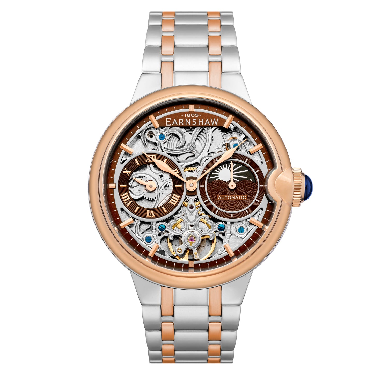 THOMAS EARNSHAW BARALLIER DUAL TIME SUN MOON OPEN HEART AUTOMATIC Two Tone Rose Brown