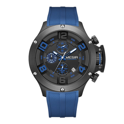 MEGIR Men's Submarine II Chronograph Date 47mm Silicone Strap Watch Blue