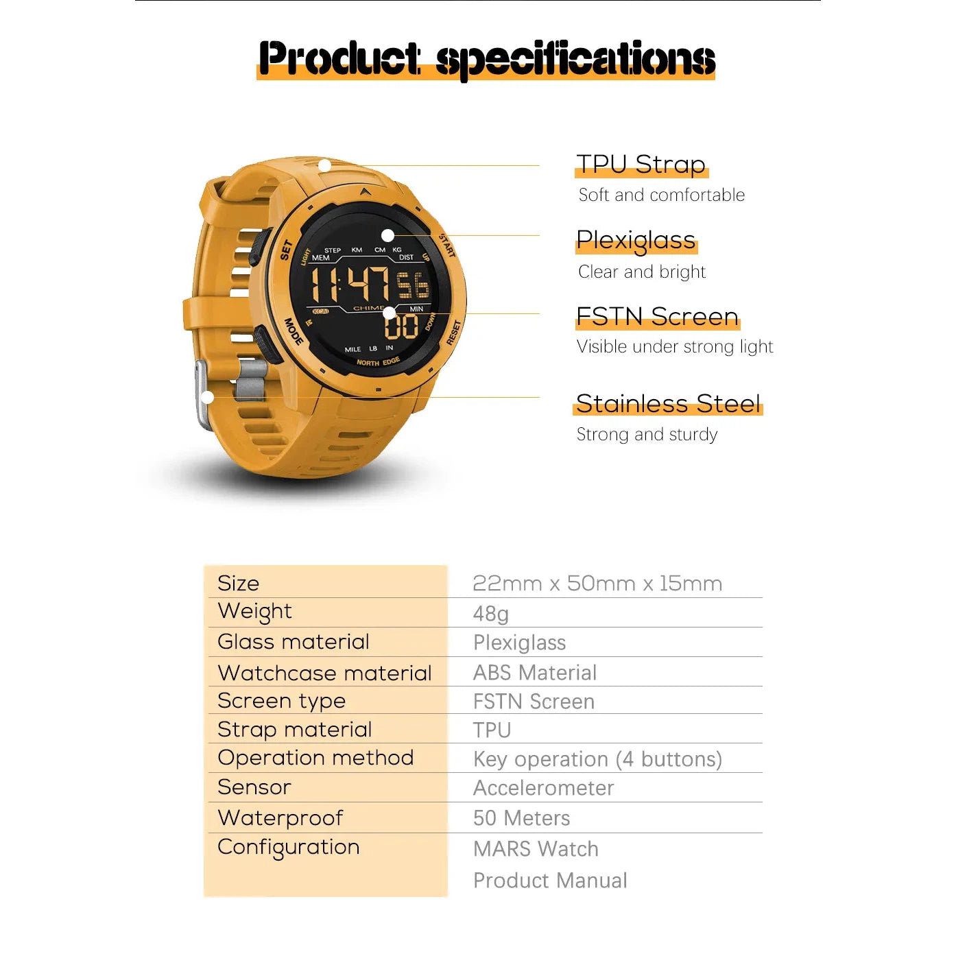 NORTH EDGE Tactical Mars Watch Yellow