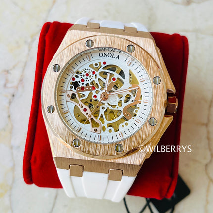 R1.00 Auction**ONOLA Men's Holland Mechanical Automatic Watch Rose White