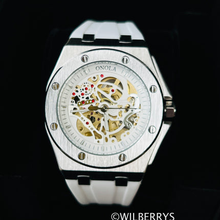 R1.00 Auction**ONOLA Men's Holland Mechanical Automatic SKELETON Watch White