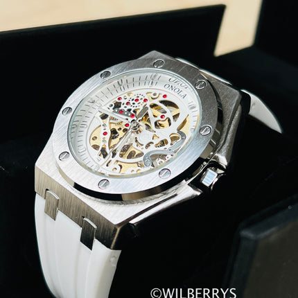 R1.00 Auction**ONOLA Men's Holland Mechanical Automatic SKELETON Watch White