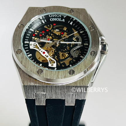 R1.00 Auction**ONOLA Men's Holland Mechanical Automatic Watch Silver Black