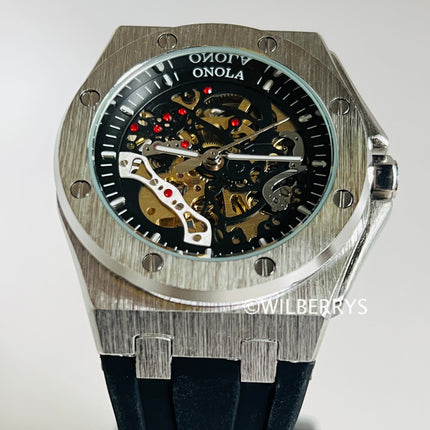 R1.00 Auction**ONOLA Men's Holland Mechanical Automatic Watch Silver Black