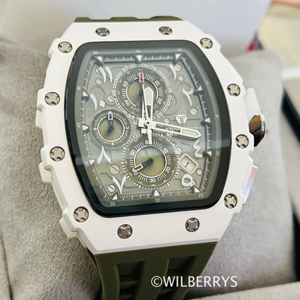 TSAR BOMBA Men's Ceramic Olive Green Chronograph Watch Arabic Numeral