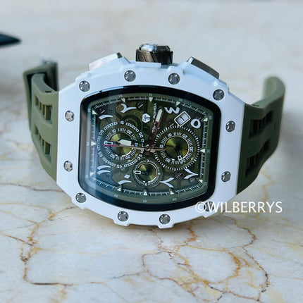 TSAR BOMBA Men's Ceramic Olive Green Chronograph Watch Arabic Numeral