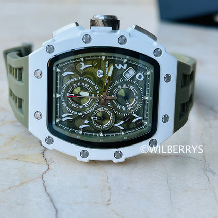 TSAR BOMBA Men's Ceramic Olive Green Chronograph Watch Arabic Numeral
