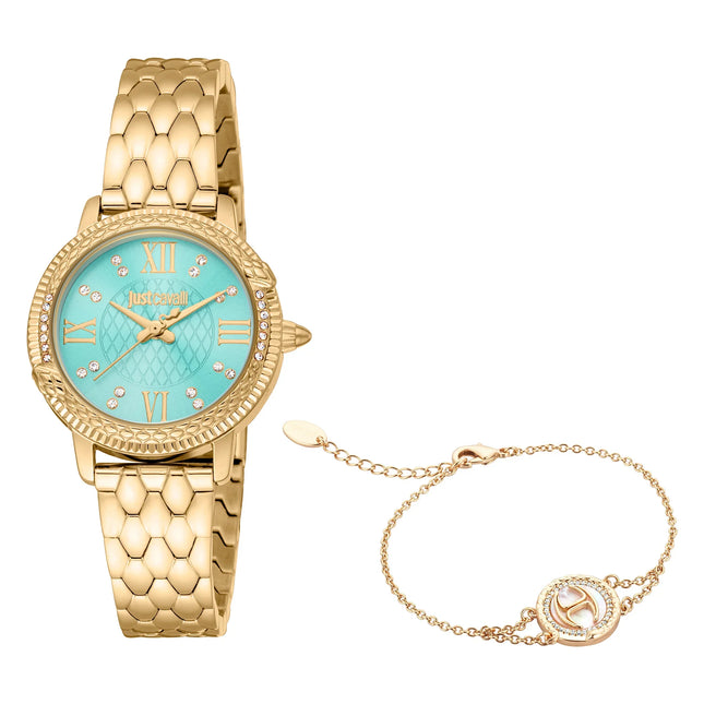 Just Cavalli Signature Snake Viperized Yellow Gold Turquoise