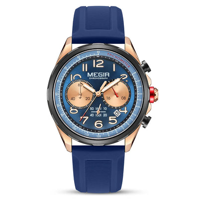 MEGIR Men's Pilot Q Chronograph Date 43mm Silicone Strap Watch Rose Blue