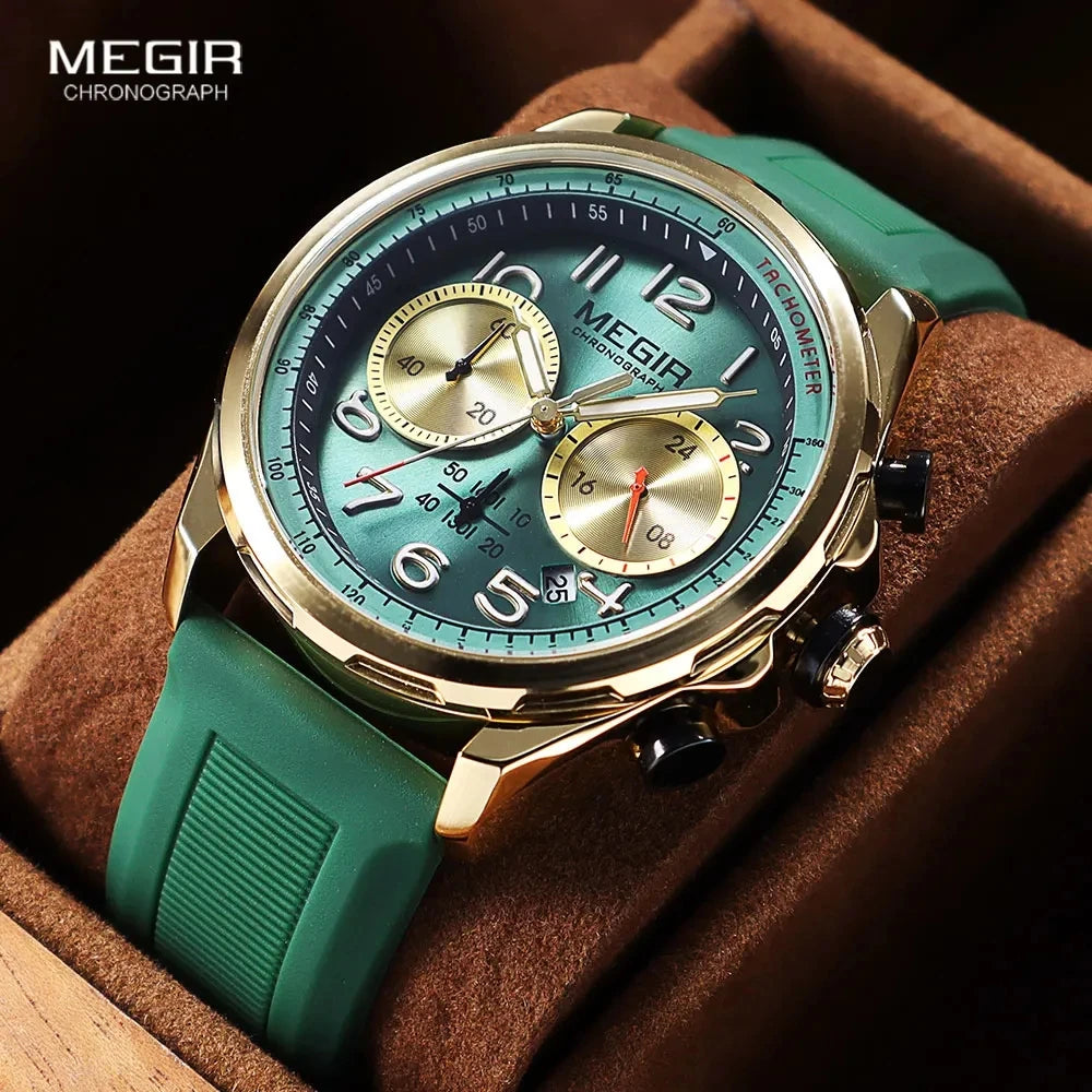 MEGIR Men's Pilot Q Chronograph Date 43mm Silicone Strap Watch Olive Green