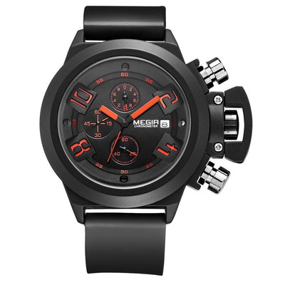 MEGIR Men's Submarine Chronograph Date 50mm Silicone Strap Watch Black/ Red