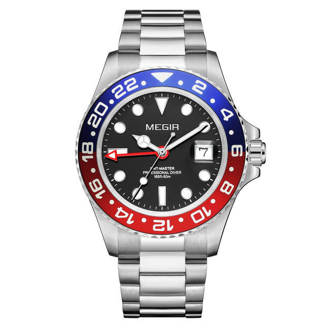 MEGIR ELITE Men's GMT Date 43mm Stainless Steel Pepsi Oyster Bracelet Watch
