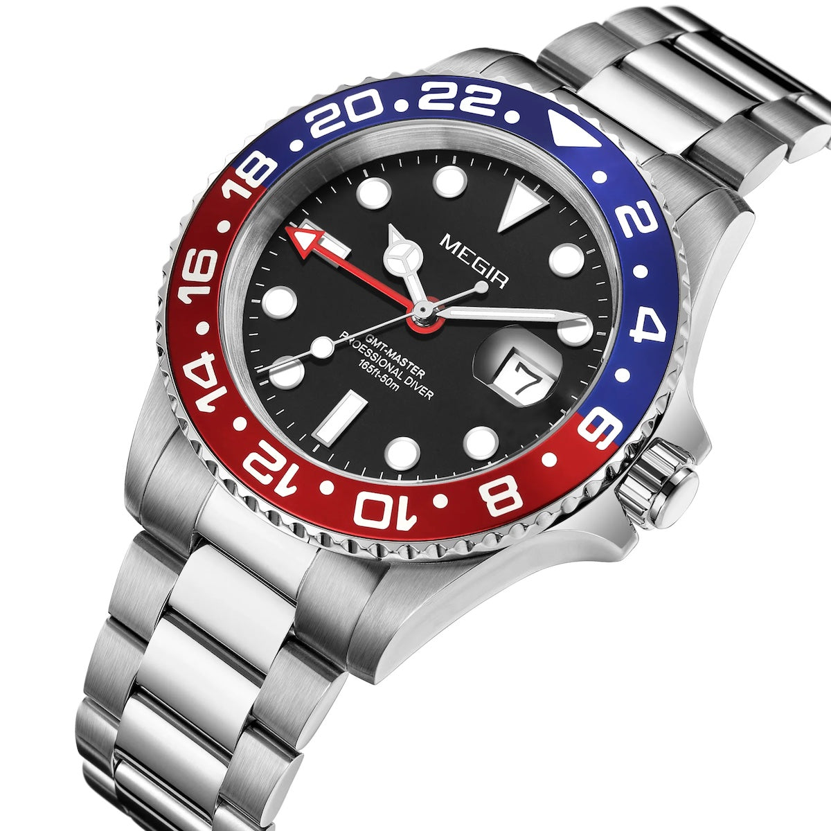 MEGIR ELITE Men's GMT Date 43mm Stainless Steel Pepsi Oyster Bracelet Watch