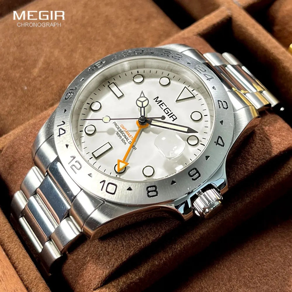 MEGIR ELITE Men's GMT Date 43mm Stainless Steel Silver Oyster Bracelet Watch