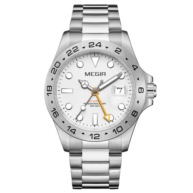 MEGIR ELITE Men's GMT Date 43mm Stainless Steel Silver Oyster Bracelet Watch