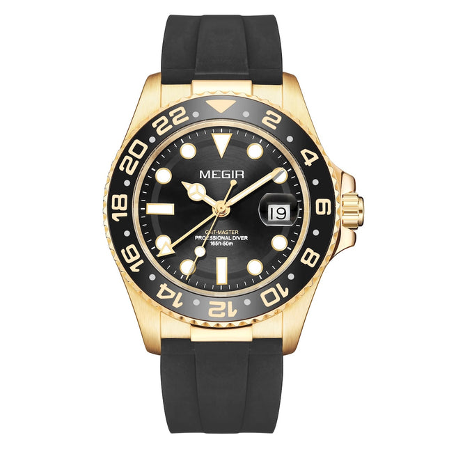MEGIR ELITE Men's GMT Date 43mm Stainless Steel Gold / Silicone Strap Watch
