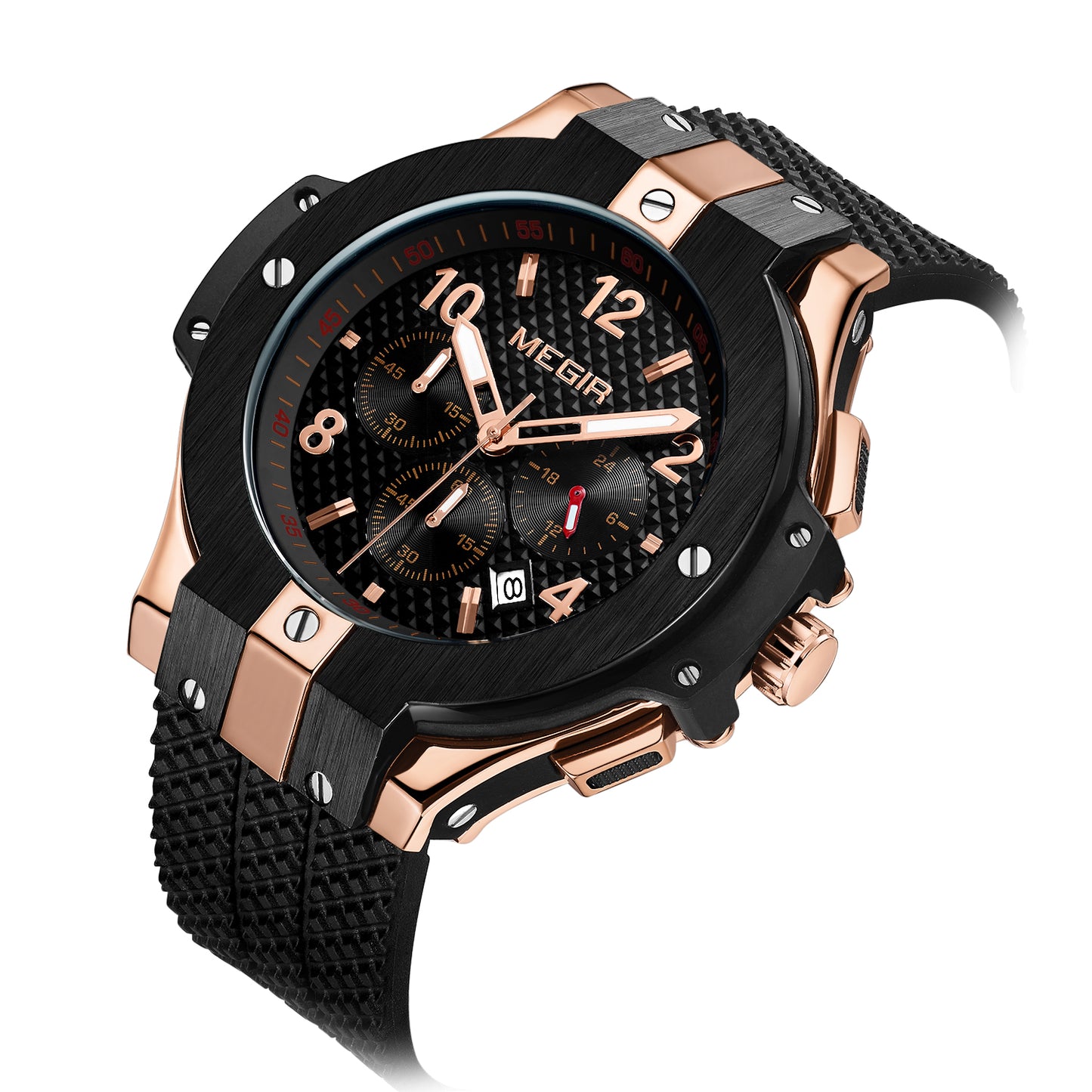 MEGIR Men's Night Dweller Chronograph Date 48mm Silicone Strap Watch Rose Gold / Black