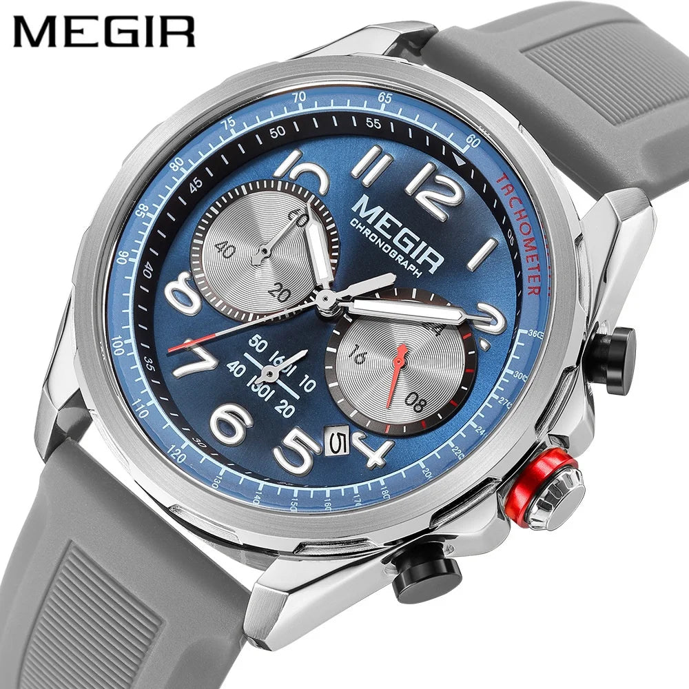 MEGIR Men's Pilot Q Chronograph Date 43mm Silicone Strap Watch Grey