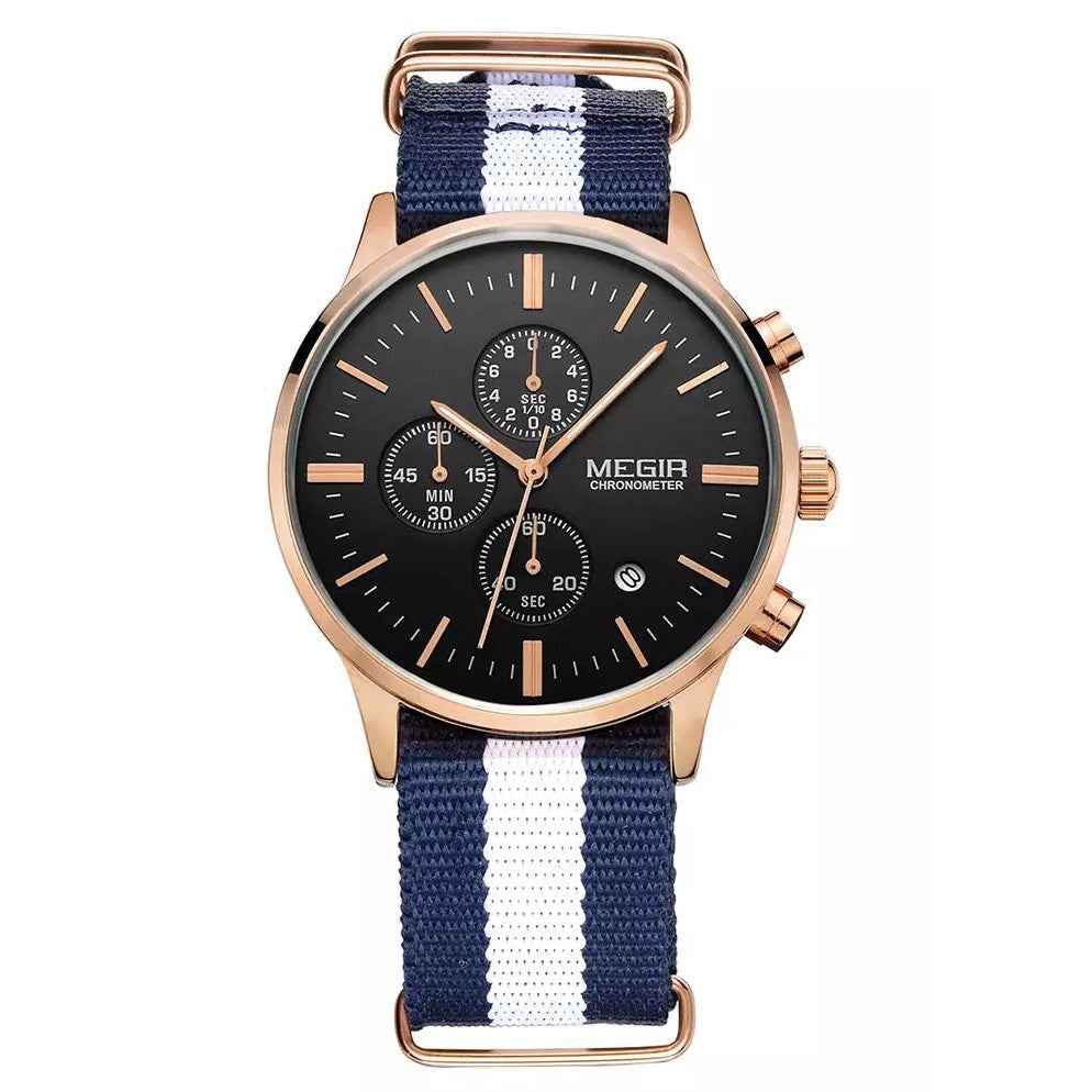 MEGIR Men's Nautical Series Chronograph Date 45mm Nylon Strap Watch Rose Gold / White Blue