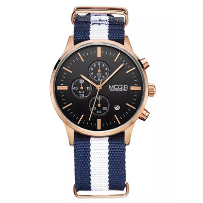 MEGIR Men's Nautical Series Chronograph Date 45mm Nylon Strap Watch Rose Gold / White Blue