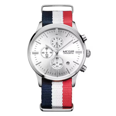 MEGIR Men's Nautical Series Chronograph Date 45mm Nylon Strap Watch Silver / Red Blue