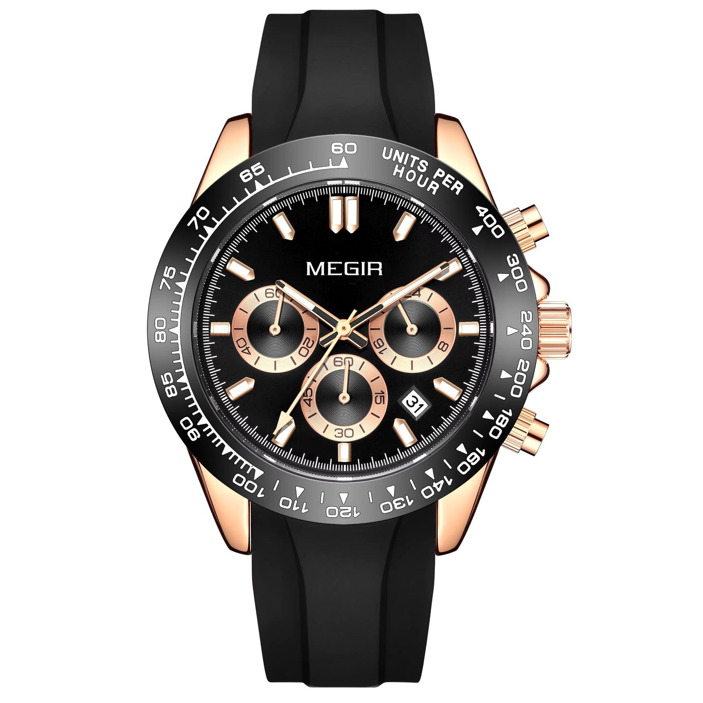 MEGIR Men's Speedster Chronograph Date 43mm Silicone Watch Rose Gold