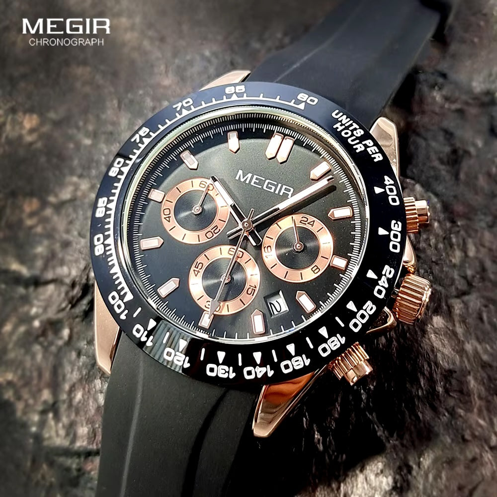 MEGIR Men's Speedster Chronograph Date 43mm Silicone Watch Rose Gold