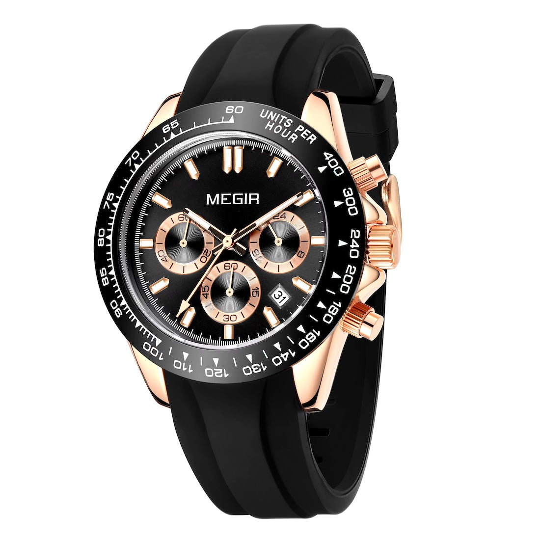 MEGIR Men's Speedster Chronograph Date 43mm Silicone Watch Rose Gold