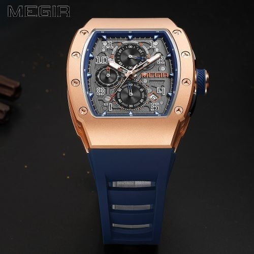 MEGIR Men's GP Racing Chronograph Date 43mm Silicone Strap Watch Rose Gold / Blue