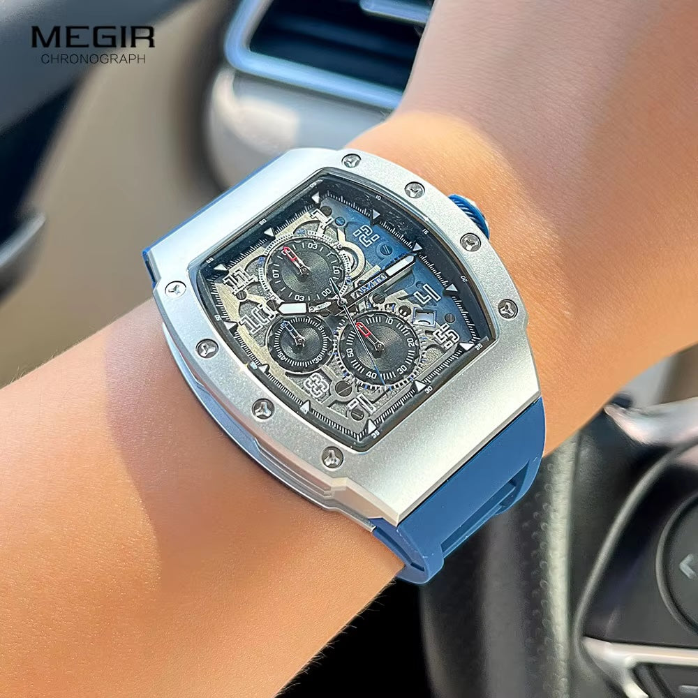 MEGIR Men's GP Racing Chronograph Date 43mm Silicone Strap Watch Silver Blue