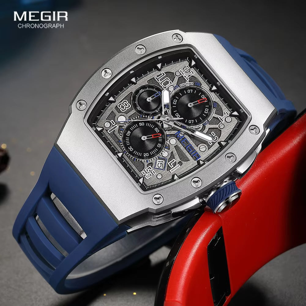 MEGIR Men's GP Racing Chronograph Date 43mm Silicone Strap Watch Silver Blue