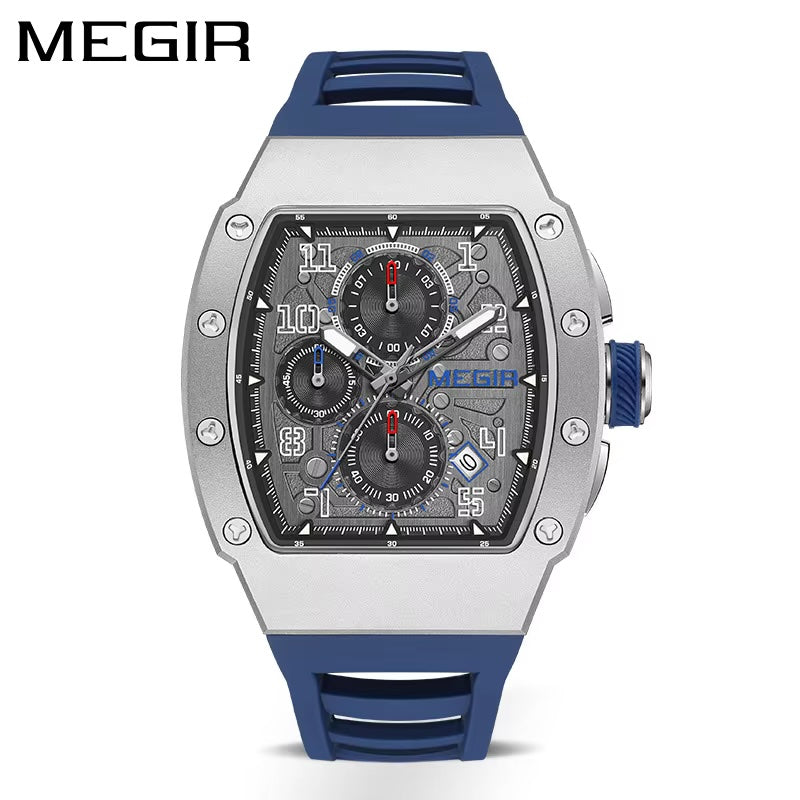 MEGIR Men's GP Racing Chronograph Date 43mm Silicone Strap Watch Silver Blue