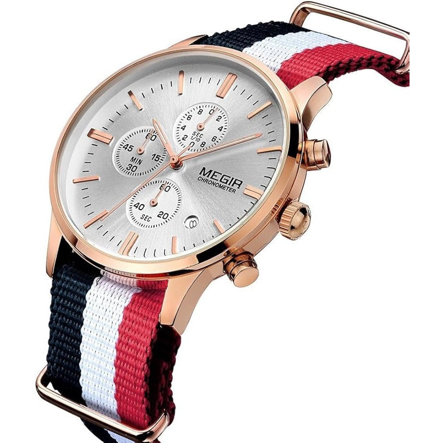 MEGIR Men's Nautical Series Chronograph Date 45mm Nylon Strap Watch Rose Gold / Silver Dial