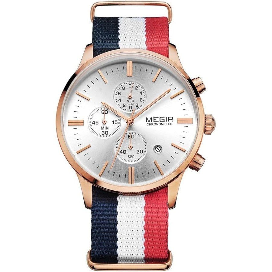 MEGIR Men's Nautical Series Chronograph Date 45mm Nylon Strap Watch Rose Gold / Silver Dial