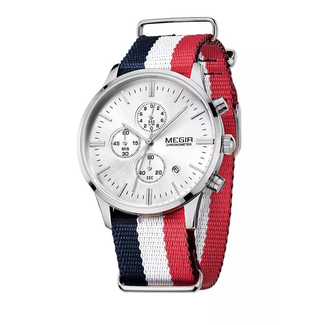 MEGIR Men's Nautical Series Chronograph Date 45mm Nylon Strap Watch Silver / Red Blue