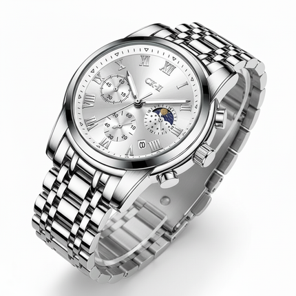 Mark Fairwhale FW-5039 CORDANT - Luxury Men’s Roman Numeral Quartz Watch with Stainless Steel Strap, Moon Phase & Chronograph