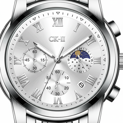 Mark Fairwhale FW-5039 CORDANT - Luxury Men’s Roman Numeral Quartz Watch with Stainless Steel Strap, Moon Phase & Chronograph