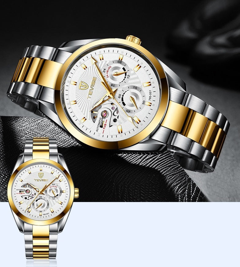 TEVISE Classic Automatic Partial Skeleton Two Tone/White Watch